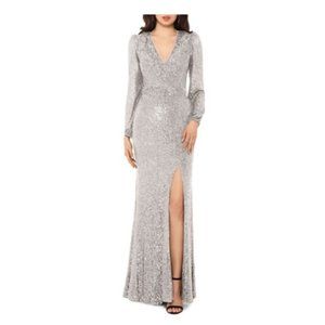 Xscape Allover Sequin V-Neck Front Slit Long Sleeve Gown - Silver